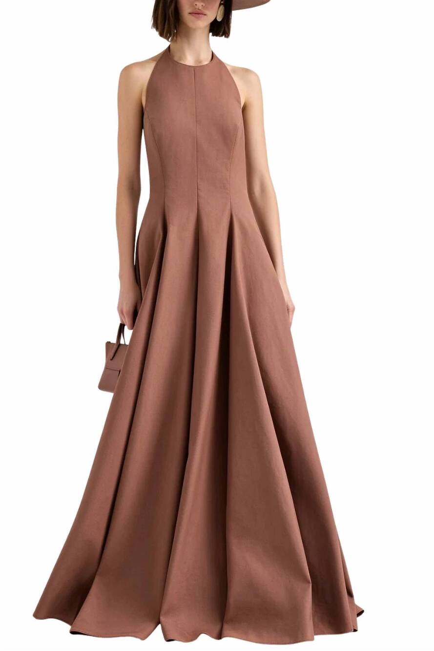NEW BRUNELLO CUCINELLI poplin halterneck maxi dress in brown